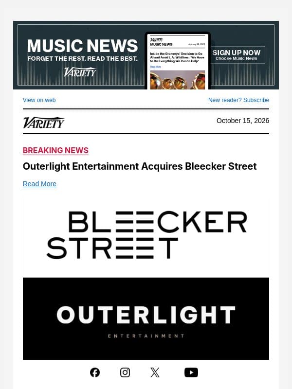 Outerlight Entertainment Acquires Bleecker Street email from Variety