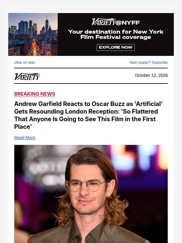 Andrew Garfield Reacts to Oscar Buzz as 'Artificial' Gets Resounding London Reception: 'So Flattered That Anyone Is Going to See This Film in the First Place' email from Variety