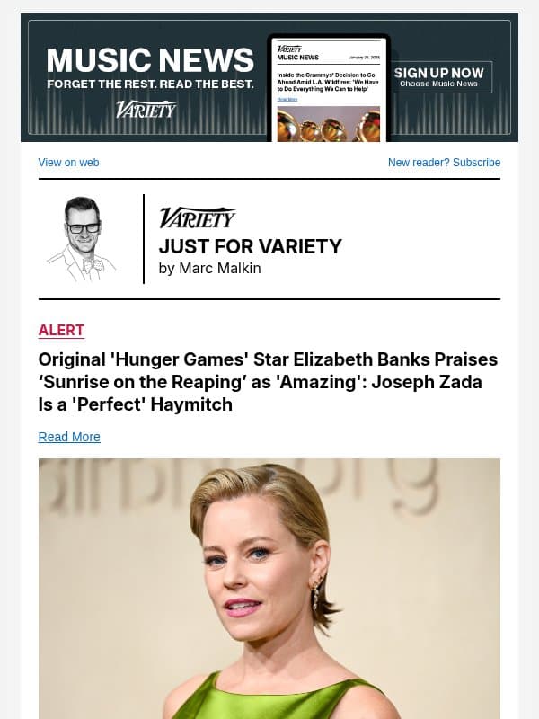 Original 'Hunger Games' Star Elizabeth Banks Praises ‘Sunrise on the Reaping’ as 'Amazing': Joseph Zada Is a 'Perfect' Haymitch email from Variety