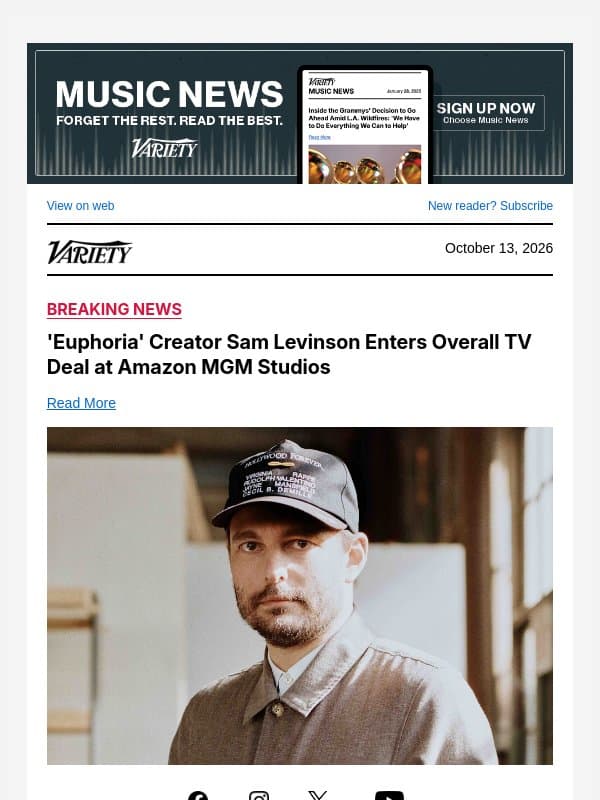 'Euphoria' Creator Sam Levinson Enters Overall TV Deal at Amazon MGM Studios email from Variety