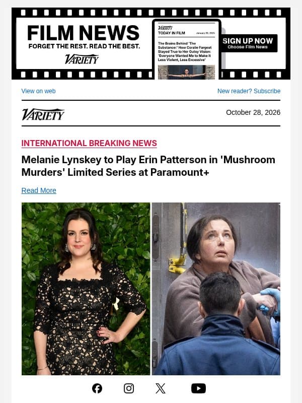 Melanie Lynskey to Play Erin Patterson in 'Mushroom Murders' Limited Series at Paramount+ email from Variety