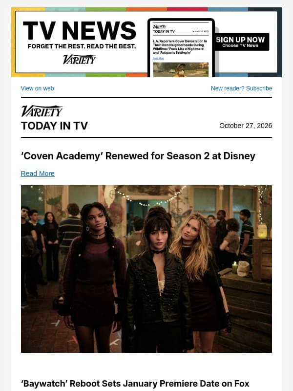 'Coven Academy' Renewed; 'Baywatch' Reboot Sets Premiere; Amy Madigan Joins 'Ascent' email from Variety