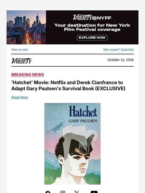 'Hatchet' Movie: Netflix and Derek Cianfrance to Adapt Gary Paulsen's Survival Book (EXCLUSIVE) email from Variety