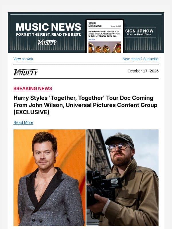 Harry Styles 'Together, Together' Tour Doc Coming From John Wilson, Universal Pictures Content Group (EXCLUSIVE) email from Variety