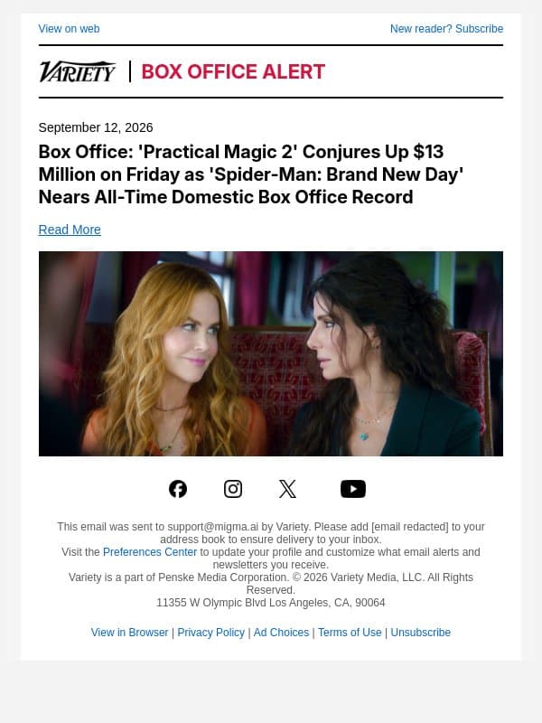 Box Office: 'Practical Magic 2' Conjures Up $13 Million on Friday as 'Spider-Man: Brand New Day' Nears All-Time Domestic Box Office Record email from Variety