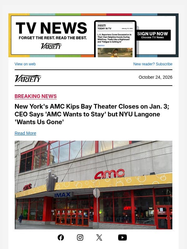 New York's AMC Kips Bay Theater Closes on Jan. 3; CEO Says 'AMC Wants to Stay' but NYU Langone 'Wants Us Gone' email from Variety