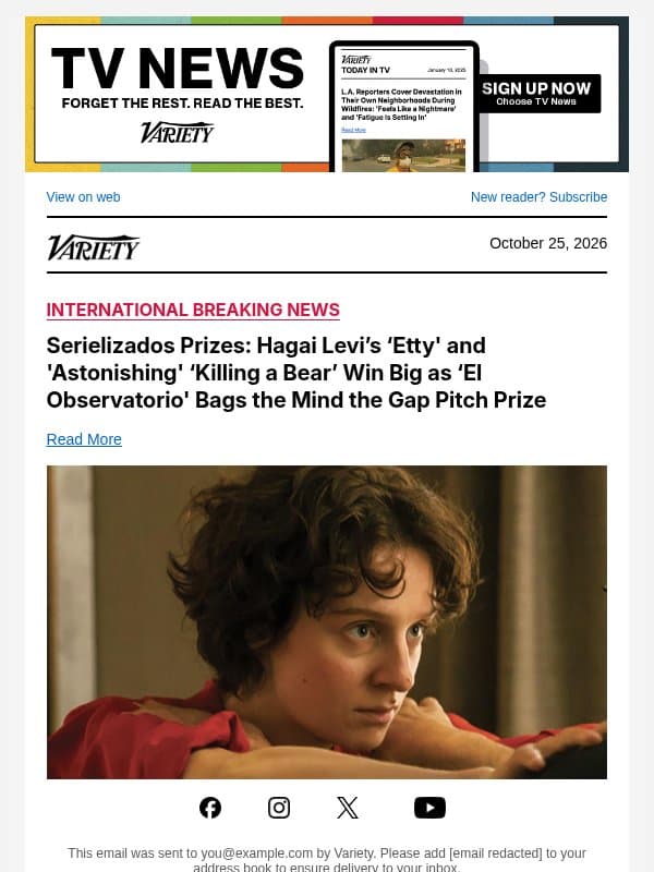 Serielizados Prizes: Hagai Levi’s ‘Etty' and 'Astonishing' ‘Killing a Bear’ Win Big as ‘El Observatorio' Bags the Mind the Gap Pitch Prize email from Variety