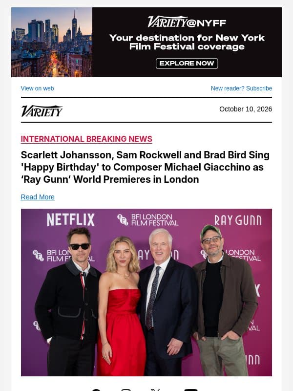 Scarlett Johansson, Sam Rockwell and Brad Bird Sing 'Happy Birthday' to Composer Michael Giacchino as ‘Ray Gunn’ World Premieres in London email from Variety