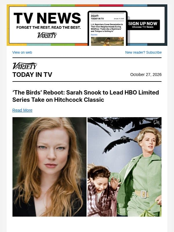 Sarah Snook to Lead 'The Birds' Reboot; Sophia Bush's Memoir; Danny Masterson Loses Rape Conviction Appeal email from Variety
