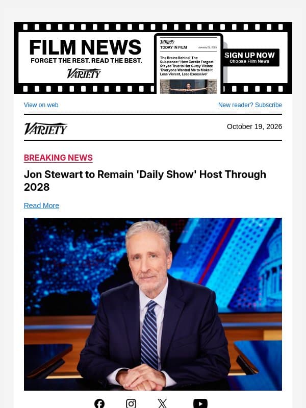 Jon Stewart to Remain 'Daily Show' Host Through 2028 email from Variety