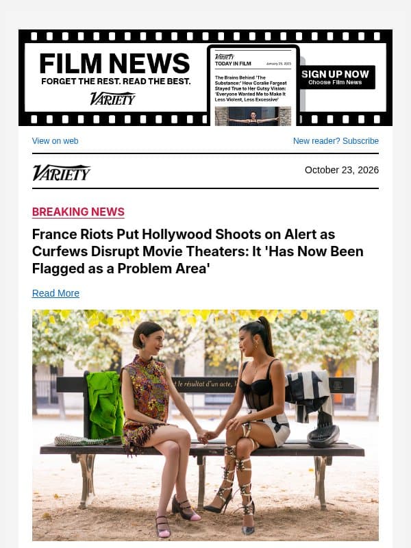 France Riots Put Hollywood Shoots on Alert as Curfews Disrupt Movie Theaters: It 'Has Now Been Flagged as a Problem Area' email from Variety