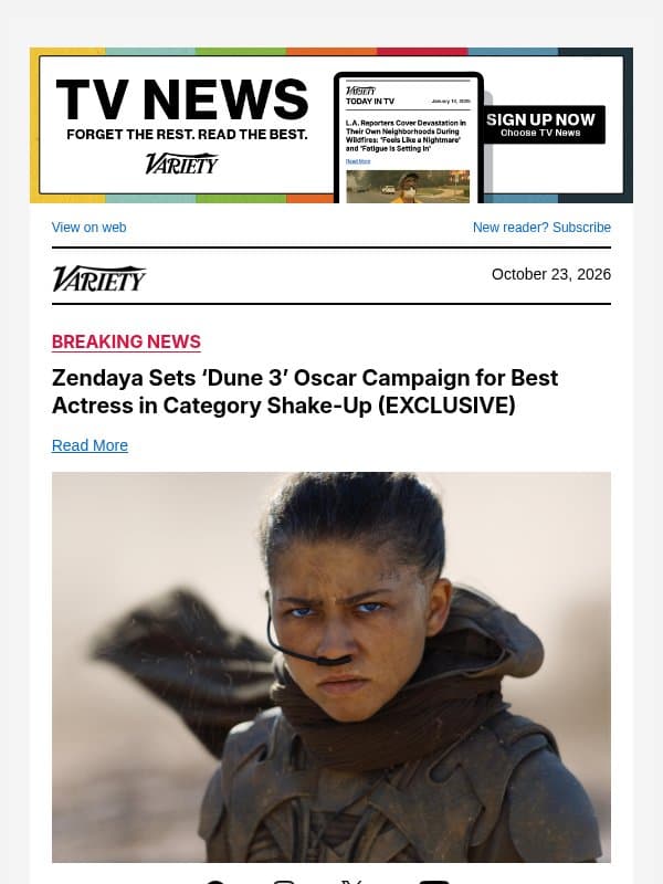 Zendaya Sets ‘Dune 3’ Oscar Campaign for Best Actress in Category Shake-Up (EXCLUSIVE) email from Variety