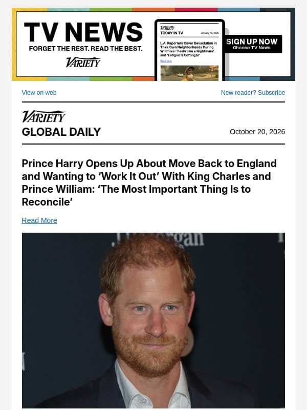 Prince Harry on U.K. Move; Guillermo del Toro at Morelia; Russell Brand Trial Continues email from Variety