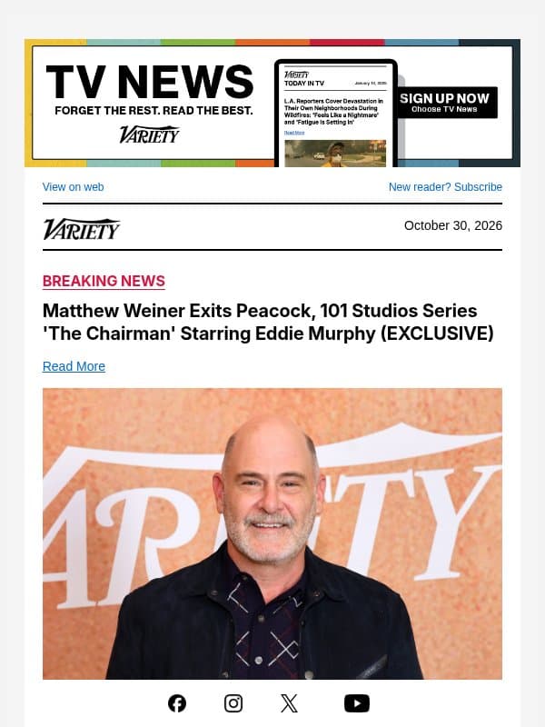 Matthew Weiner Exits Peacock, 101 Studios Series 'The Chairman' Starring Eddie Murphy (EXCLUSIVE) email from Variety