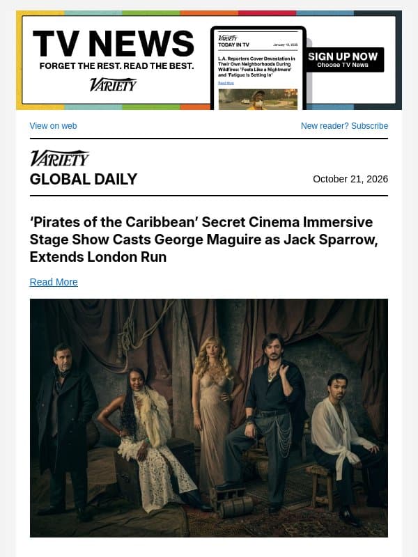 'Pirates of the Caribbean' Stage Show Cast; Noel Clarke Pleads Not Guilty; Sharon Osbourne on Ozzy Concert Film email from Variety