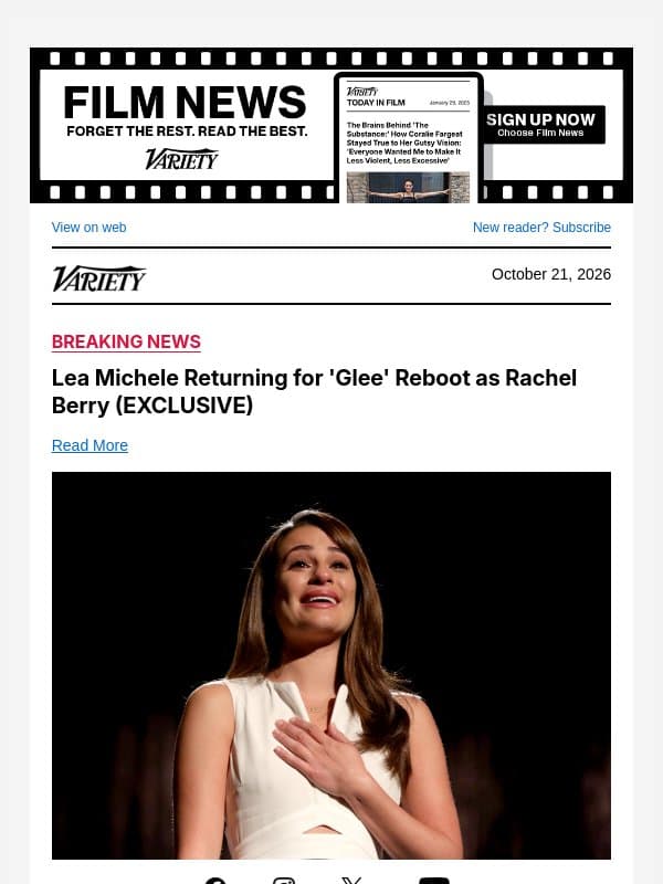 Lea Michele Returning for 'Glee' Reboot as Rachel Berry (EXCLUSIVE) email from Variety