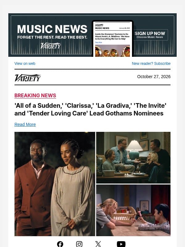 'All of a Sudden,' 'Clarissa,' 'La Gradiva,' 'The Invite' and 'Tender Loving Care' Lead Gothams Nominees email from Variety