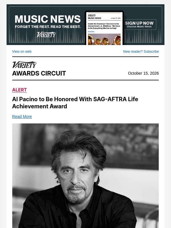 Al Pacino to Be Honored With SAG-AFTRA Life Achievement Award email from Variety