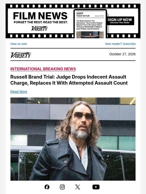 Russell Brand Trial: Judge Drops Indecent Assault Charge, Replaces It With Attempted Assault Count email from Variety
