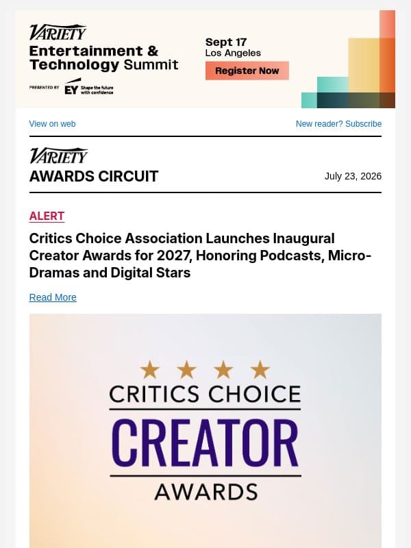 Critics Choice Association Launches Inaugural Creator Awards for 2027, Honoring Podcasts, Micro-Dramas and Digital Stars email from Variety