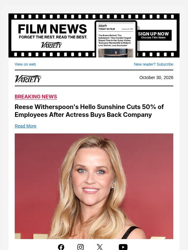 Reese Witherspoon's Hello Sunshine Cuts 50% of Employees After Actress Buys Back Company email from Variety
