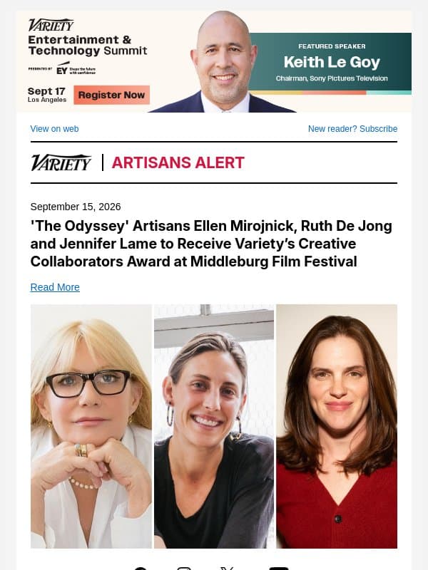'The Odyssey' Artisans Ellen Mirojnick, Ruth De Jong and Jennifer Lame to Receive Variety’s Creative Collaborators Award at Middleburg Film Festival email from Variety
