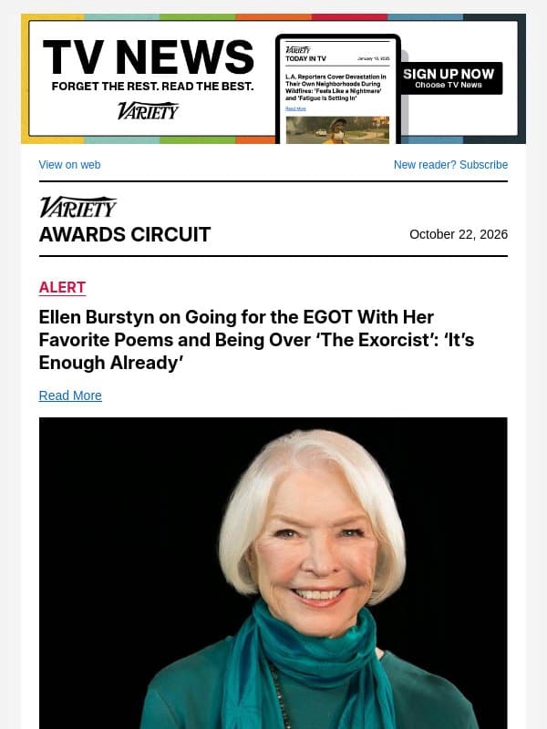 Ellen Burstyn on Going for the EGOT With Her Favorite Poems and Being Over ‘The Exorcist’: ‘It’s Enough Already’ email from Variety