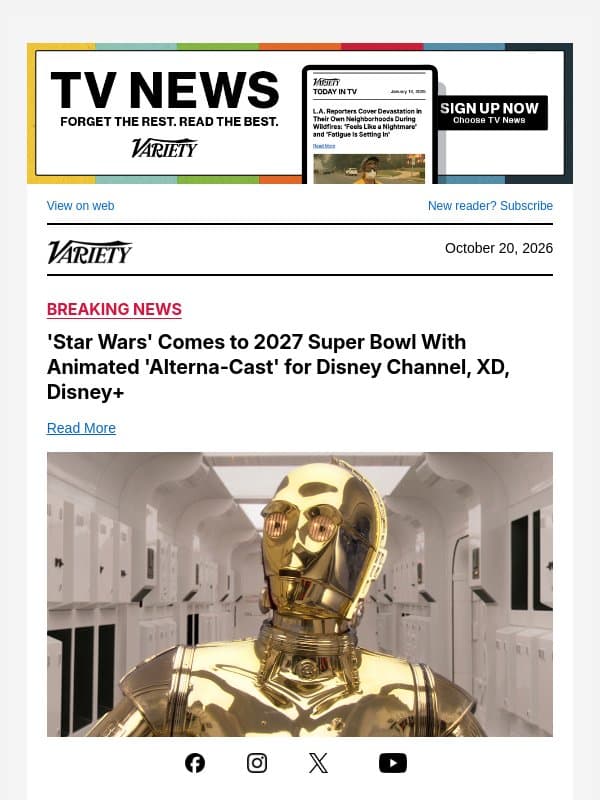'Star Wars' Comes to 2027 Super Bowl With Animated 'Alterna-Cast' for Disney Channel, XD, Disney+ email from Variety