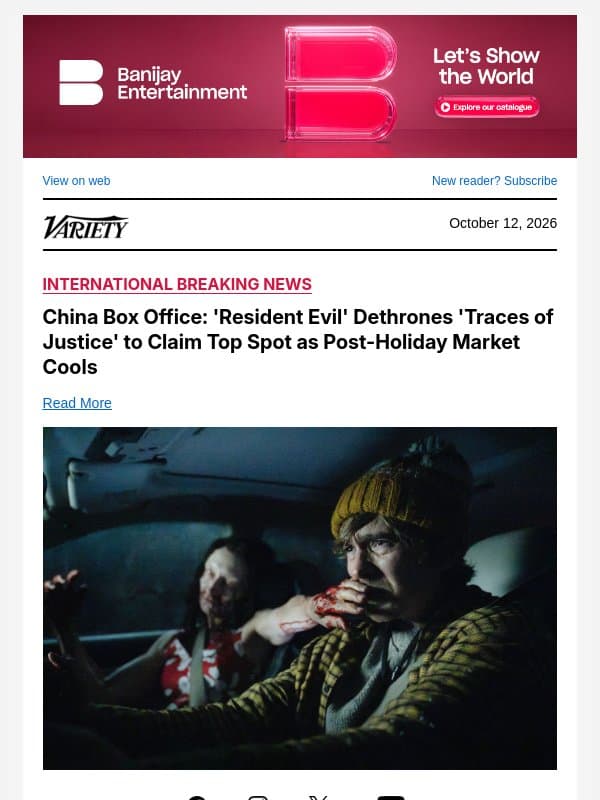 China Box Office: 'Resident Evil' Dethrones 'Traces of Justice' to Claim Top Spot as Post-Holiday Market Cools email from Variety