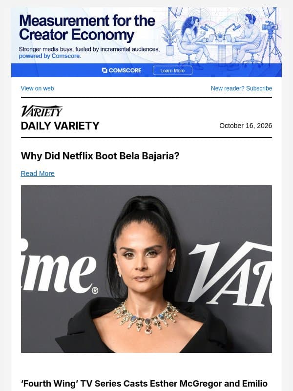 Why Did Netflix Boot Bela Bejaria?; 'Fourth Wing' Show Finds Leads; Soderbergh Steps in to Film 'Batman 2' email from Variety