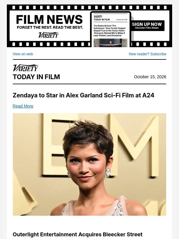 Zendaya Joins Alex Garland's A24 Film; Bleecker Street Acquired by Outerlight; 'Street Fighter' Review email from Variety
