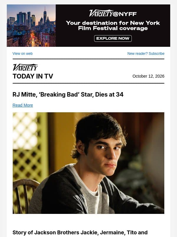 RJ Mitte Dies at 34; Jackson Brothers Docuseries Set; 'VisionQuest' Review email from Variety