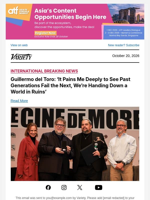 Guillermo del Toro: ‘It Pains Me Deeply to See Past Generations Fail the Next, We’re Handing Down a World in Ruins’ email from Variety