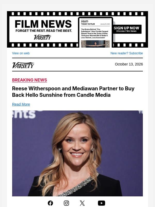 Reese Witherspoon and Mediawan Partner to Buy Back Hello Sunshine from Candle Media email from Variety