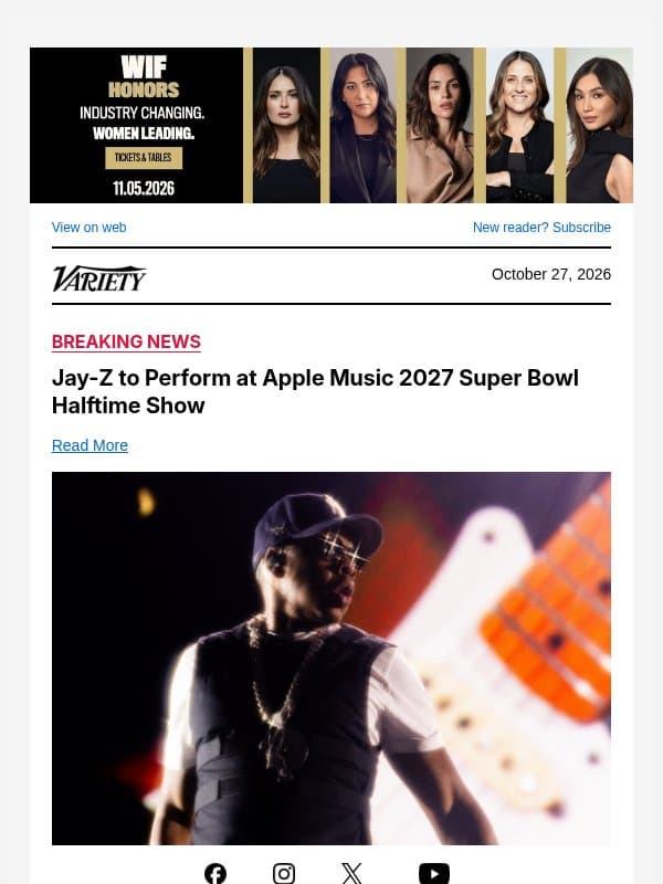 Jay-Z to Perform at Apple Music 2027 Super Bowl Halftime Show email from Variety