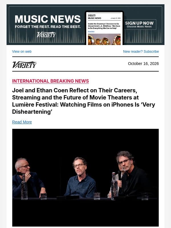 Joel and Ethan Coen Reflect on Their Careers, Streaming and the Future of Movie Theaters at Lumière Festival: Watching Films on iPhones Is ‘Very Disheartening’ email from Variety