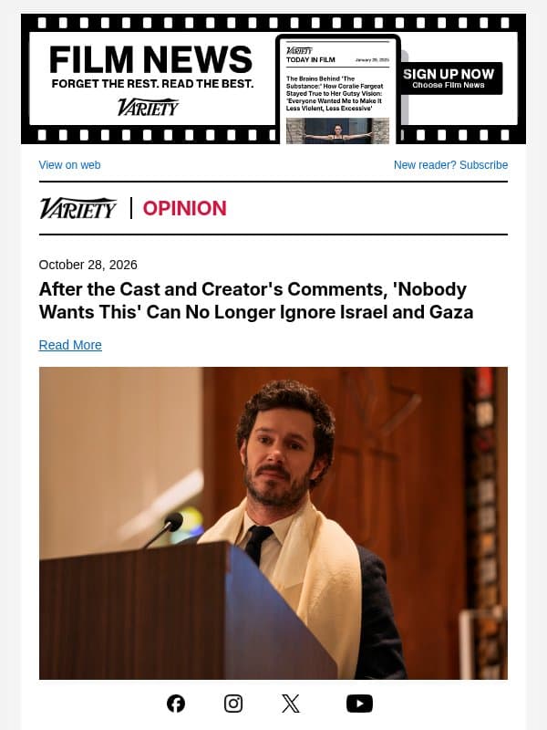 After the Cast and Creator's Comments, 'Nobody Wants This' Can No Longer Ignore Israel and Gaza email from Variety