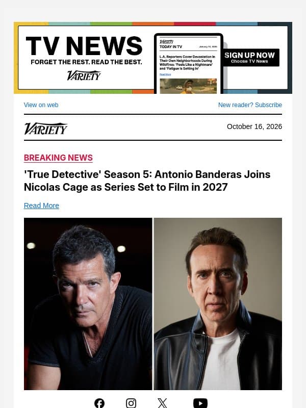 'True Detective' Season 5: Antonio Banderas Joins Nicolas Cage as Series Set to Film in 2027 email from Variety