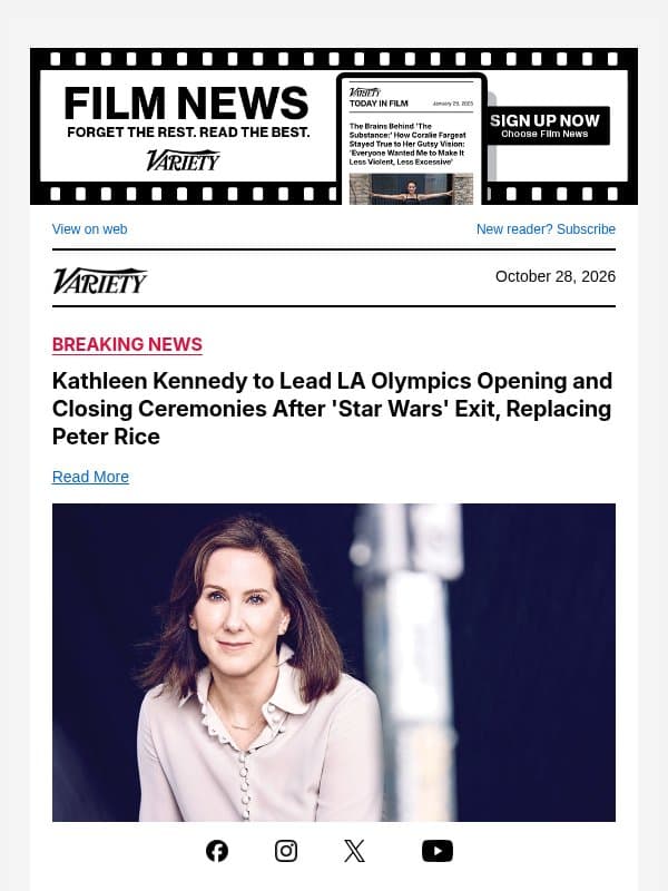 Kathleen Kennedy to Lead LA Olympics Opening and Closing Ceremonies After 'Star Wars' Exit, Replacing Peter Rice email from Variety