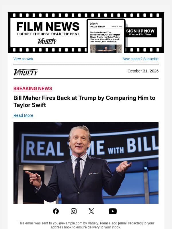 Bill Maher Fires Back at Trump by Comparing Him to Taylor Swift email from Variety