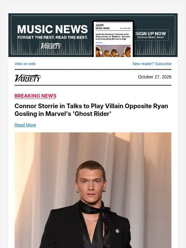 Connor Storrie in Talks to Play Villain Opposite Ryan Gosling in Marvel's 'Ghost Rider' email from Variety
