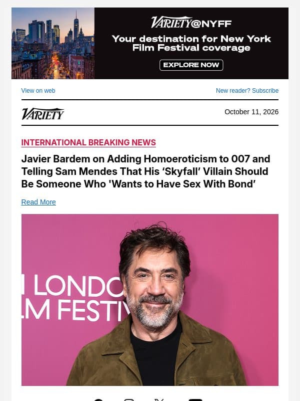 Javier Bardem on Adding Homoeroticism to 007 and Telling Sam Mendes That His ‘Skyfall’ Villain Should Be Someone Who 'Wants to Have Sex With Bond’ email from Variety