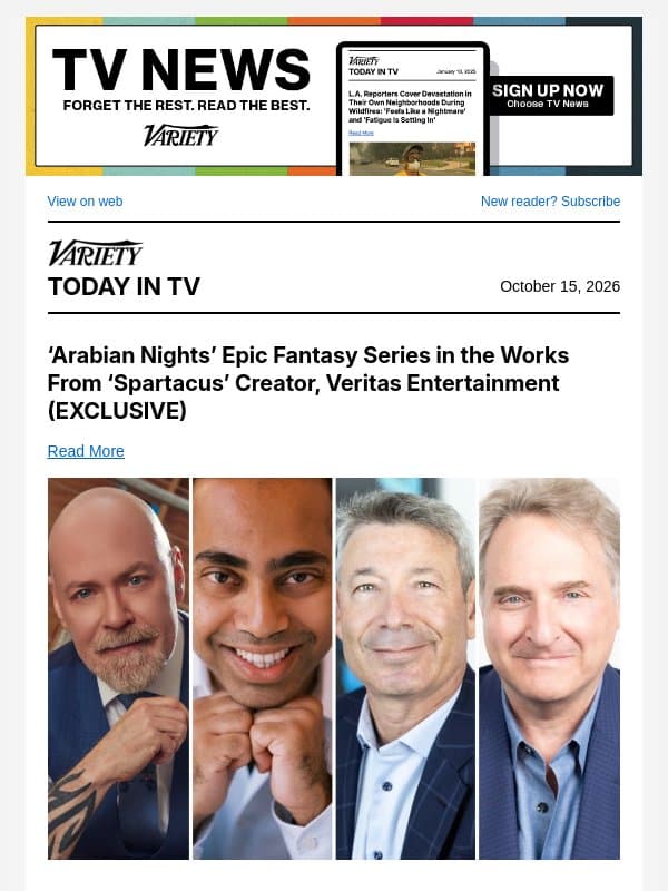 'Arabian Nights' Series in the Works; 'Newlyweds' Hires 'Conners' Boss After Firing Showrunner; Comcast Donated $7.5M for White House Ballroom email from Variety