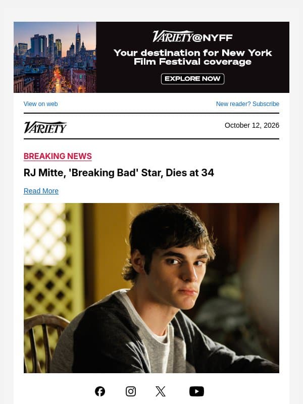 RJ Mitte, 'Breaking Bad' Star, Dies at 34 email from Variety