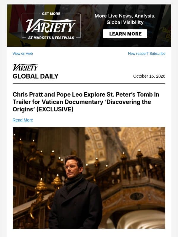 Chris Pratt Teams With Pope Leo; Omar Sy on 'Lupin'; Russell Brand Trial Continues email from Variety