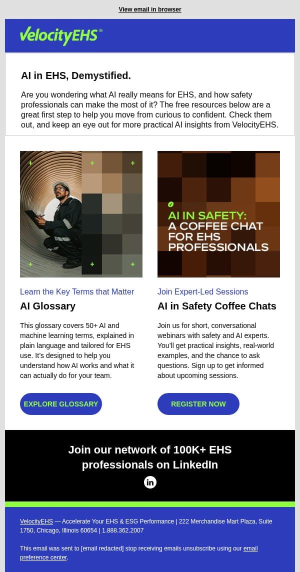 Your quick start to AI in safety: 2 resources email from VelocityEHS screenshot
