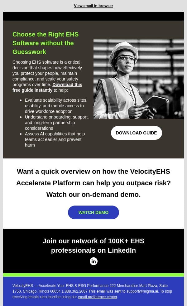 20 Questions to Ask Before Choosing EHS Software email from VelocityEHS screenshot