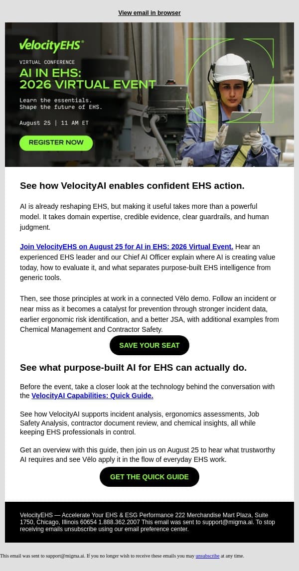 AI in EHS: What every EHS pro should know email from VelocityEHS screenshot