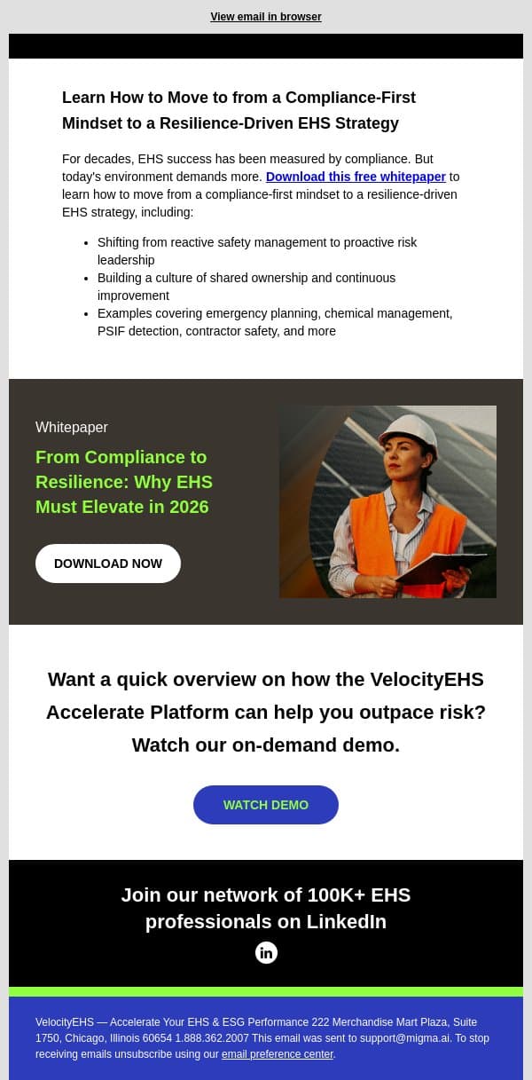 Why Your EHS Program Must Move Beyond Compliance email from VelocityEHS screenshot