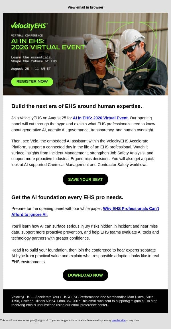 Join us for AI in EHS: 2026 Virtual Event email from VelocityEHS screenshot